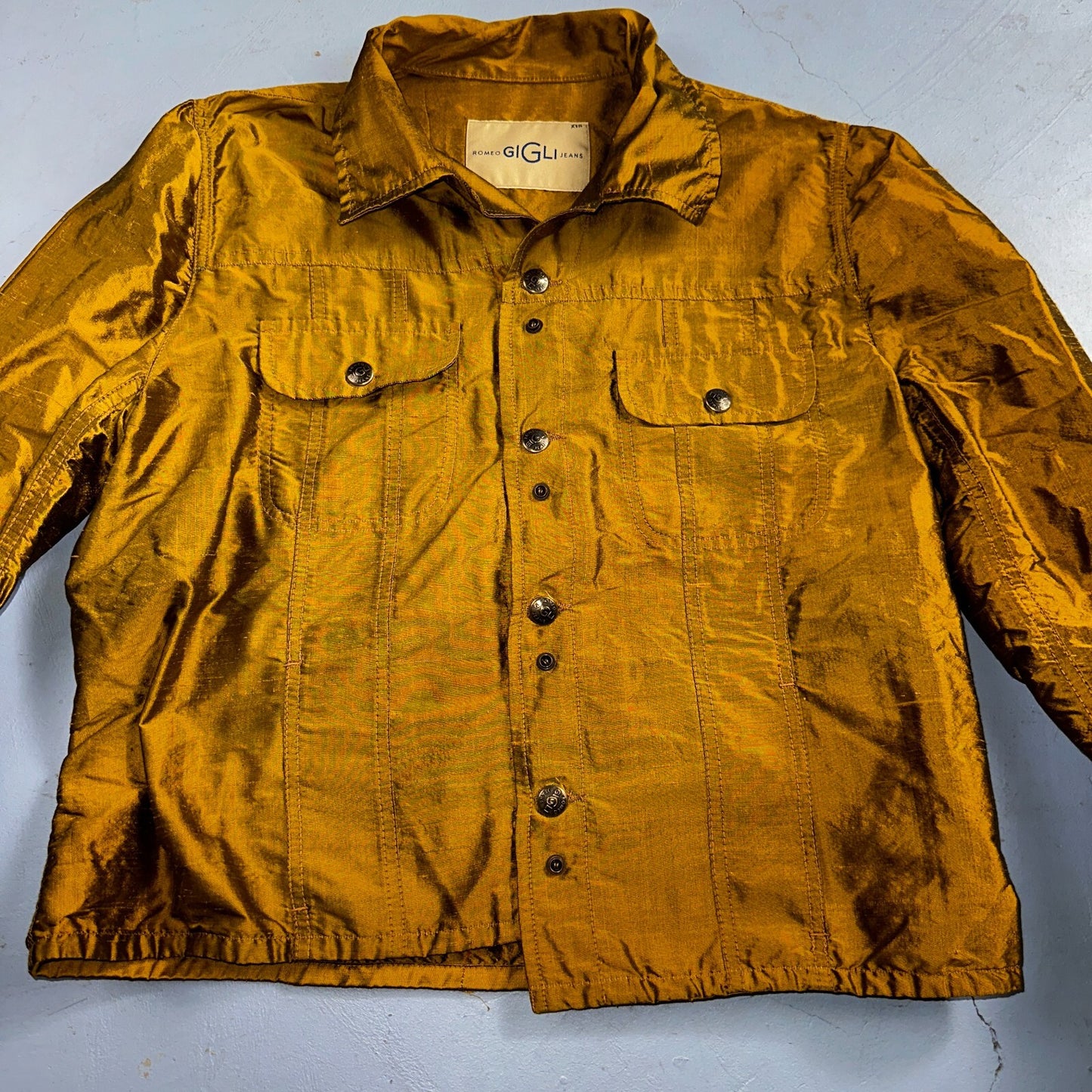 Romeo Gigli Yellow Gold Silk Button Jacket Shirt Blouse VTG Size 42 Italy RARE