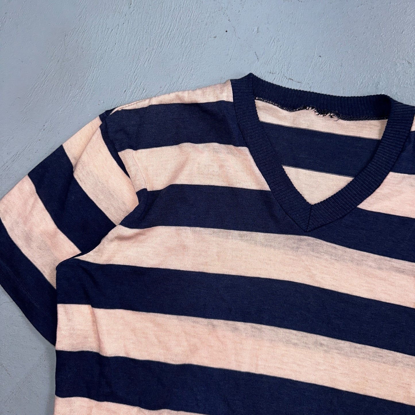 Blue Pink Rockabilly V Neck T Shirt 1970s Striped Basic Essential Single Stitch