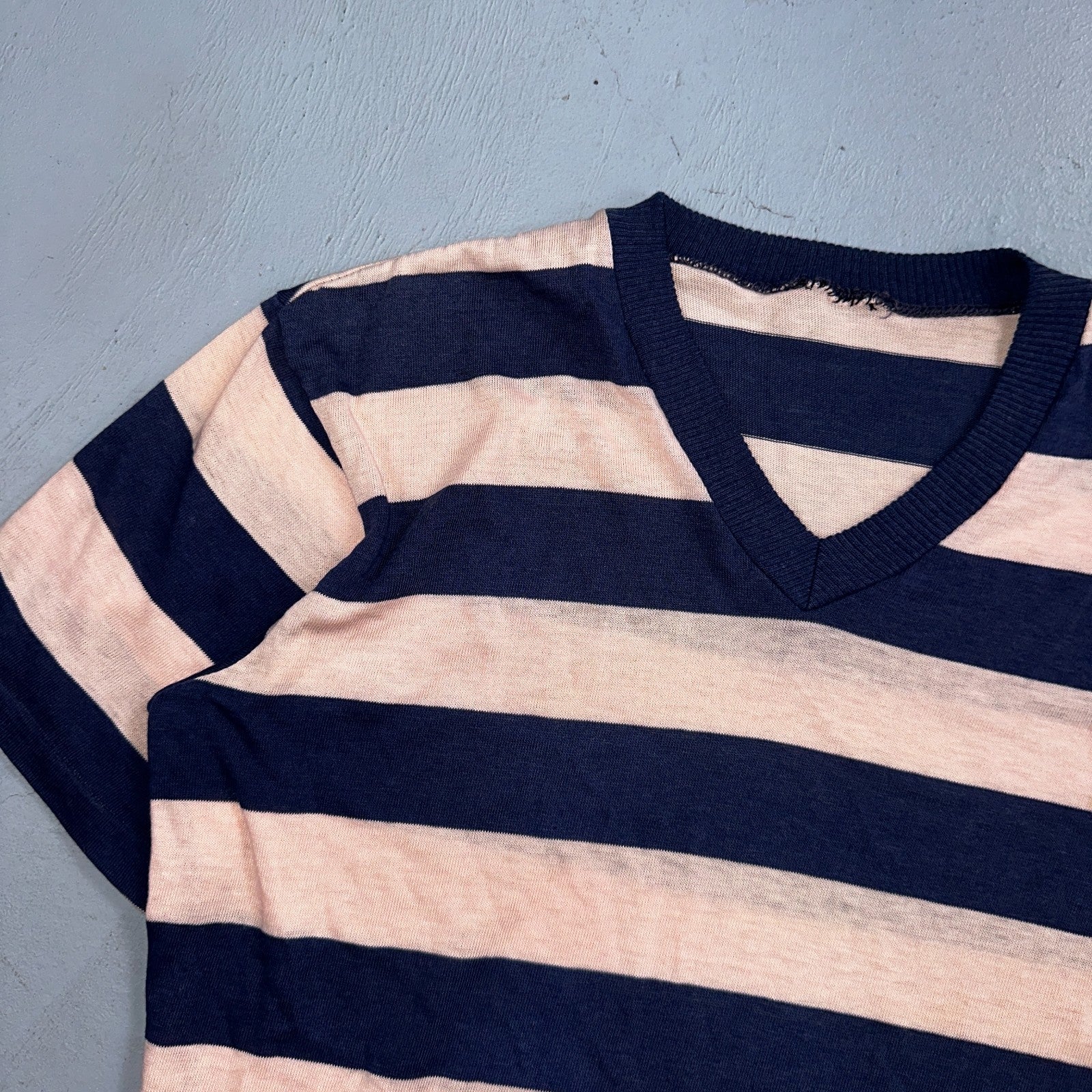 Blue Pink Rockabilly V Neck T Shirt 1970s Striped Basic Essential Single Stitch