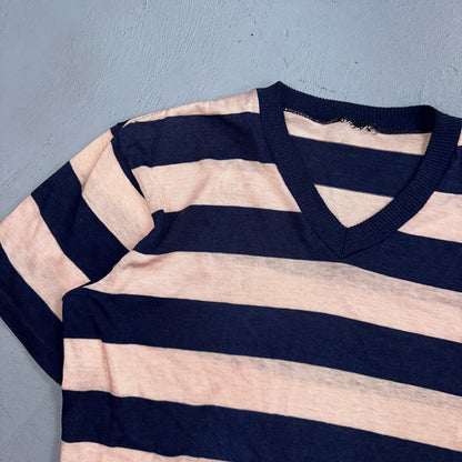 Blue Pink Rockabilly V Neck T Shirt 1970s Striped Basic Essential Single Stitch