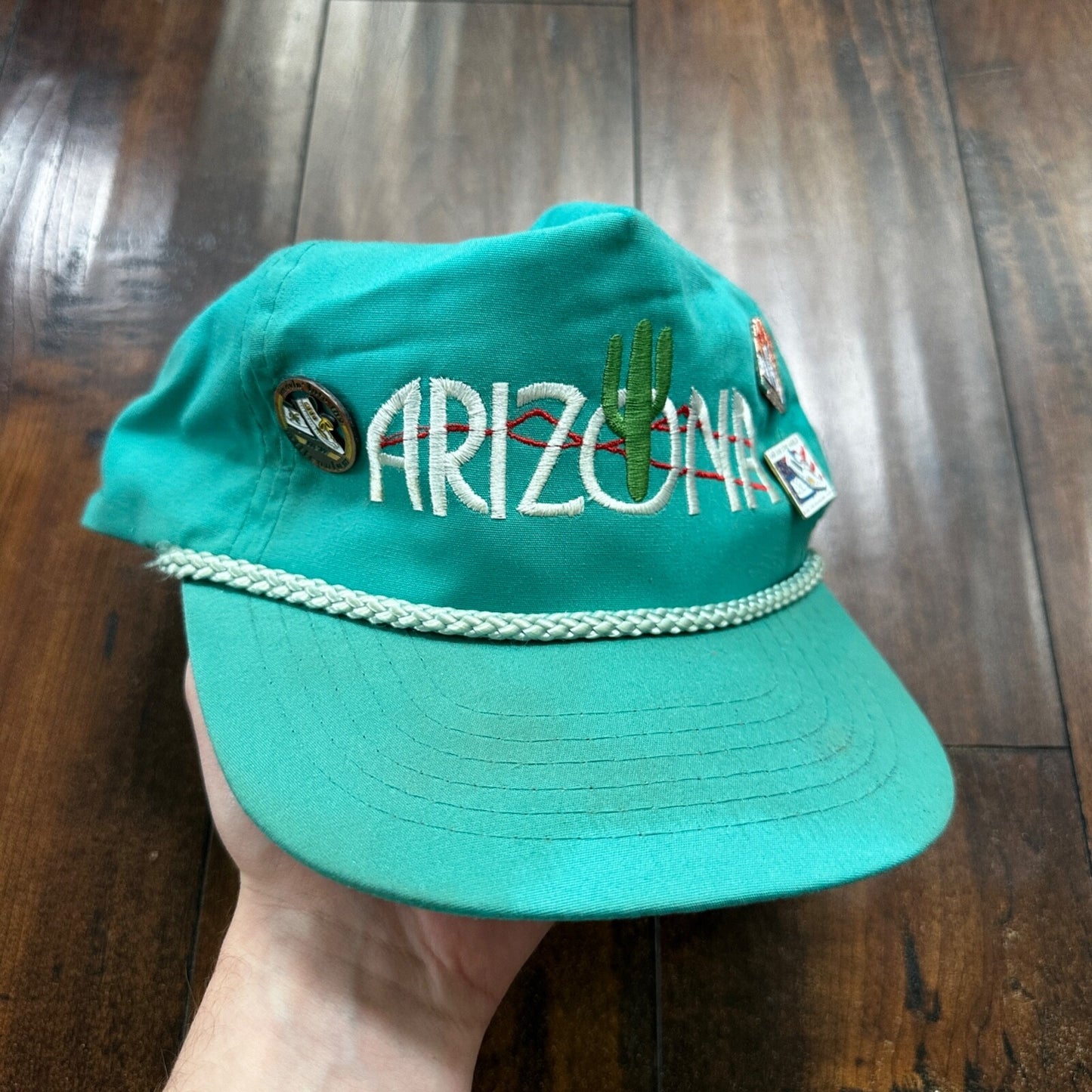 Arizona VTG Hat Cap Snapback Pins Cool Teal 80s Cactus Travel Fun