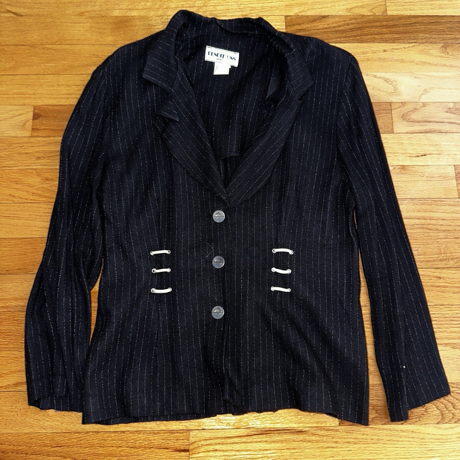 Renditions Vintage 80's Jacket Size 12 Black Damask Open Front Kimono Striped