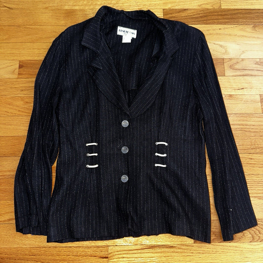 Renditions Vintage 80's Jacket Size 12 Black Damask Open Front Kimono Striped