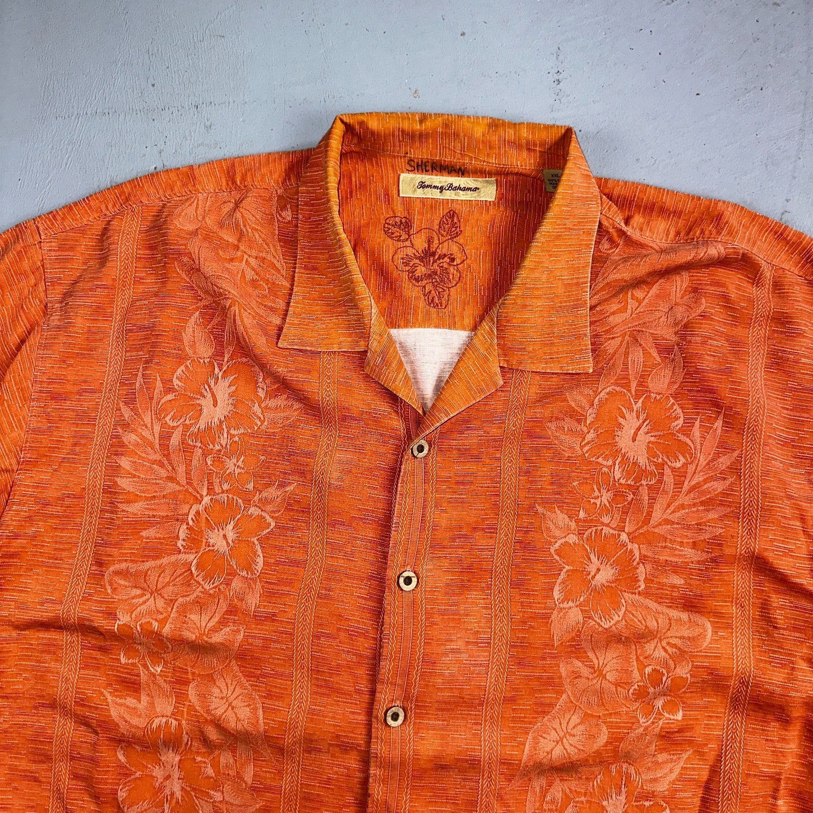 Tommy Bahama Mens Camp Hawaiian Shirt 2XL Silk Orange Aloha Floral Summer