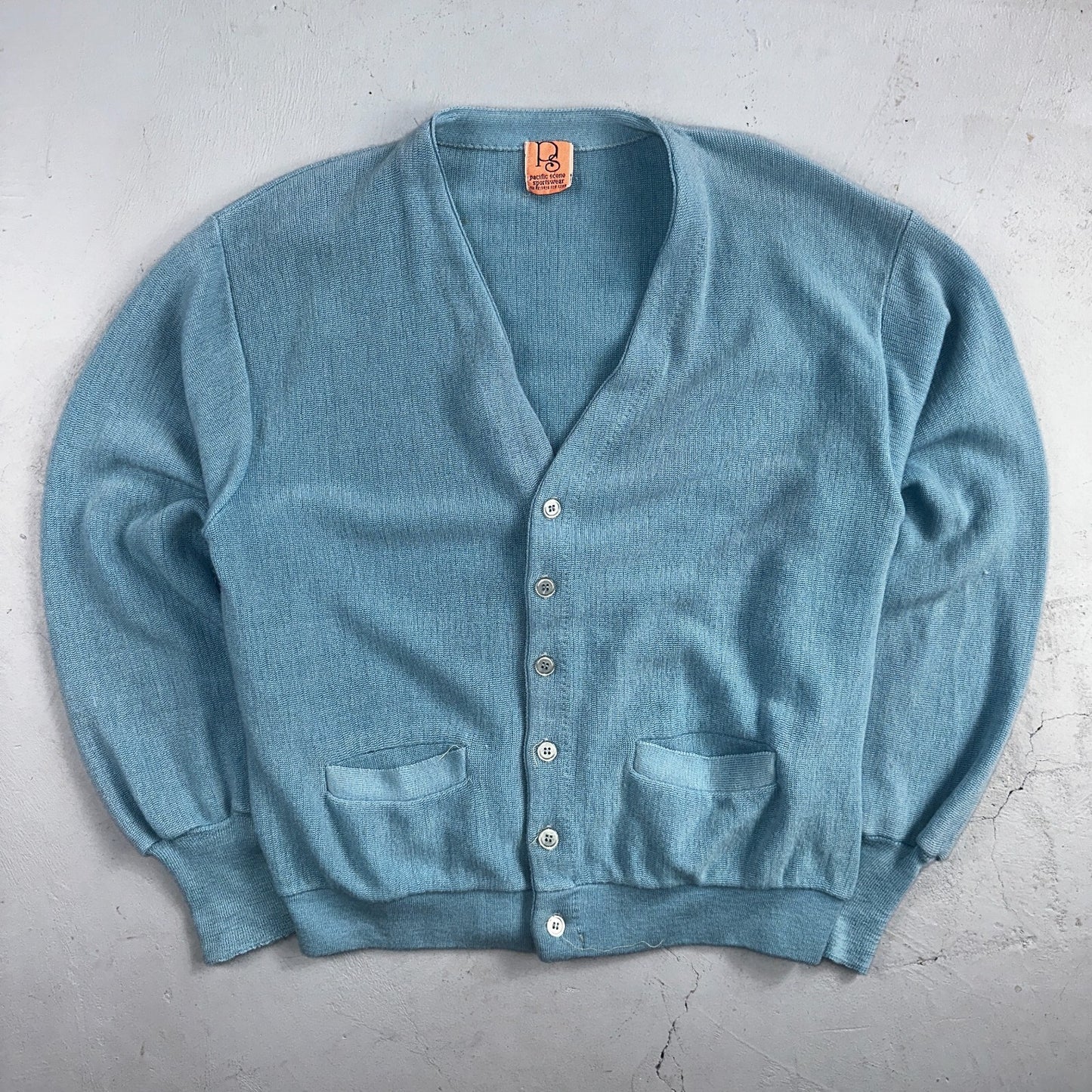 VTG Rare Pacific Scene Cardigan Sweater Solid Light Blue 80s RARE Ocean