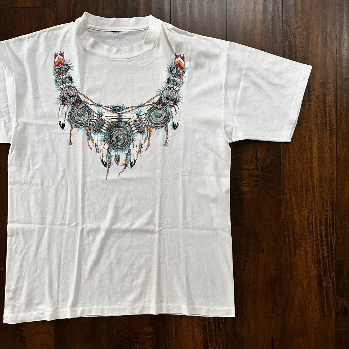 Traditional White Vintage T Shirt Art Necklace Tribal Drive 90s Single Stitch