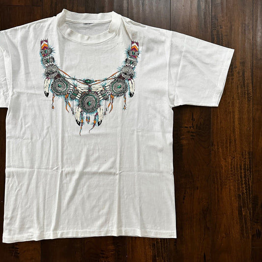 Traditional White Vintage T Shirt Art Necklace Tribal Drive 90s Single Stitch