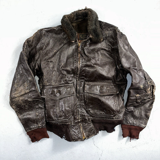 Vintage 1940s 50s WWII Type A-2 Leather Flight Jacket Brown Size 40 Thrashed 40s