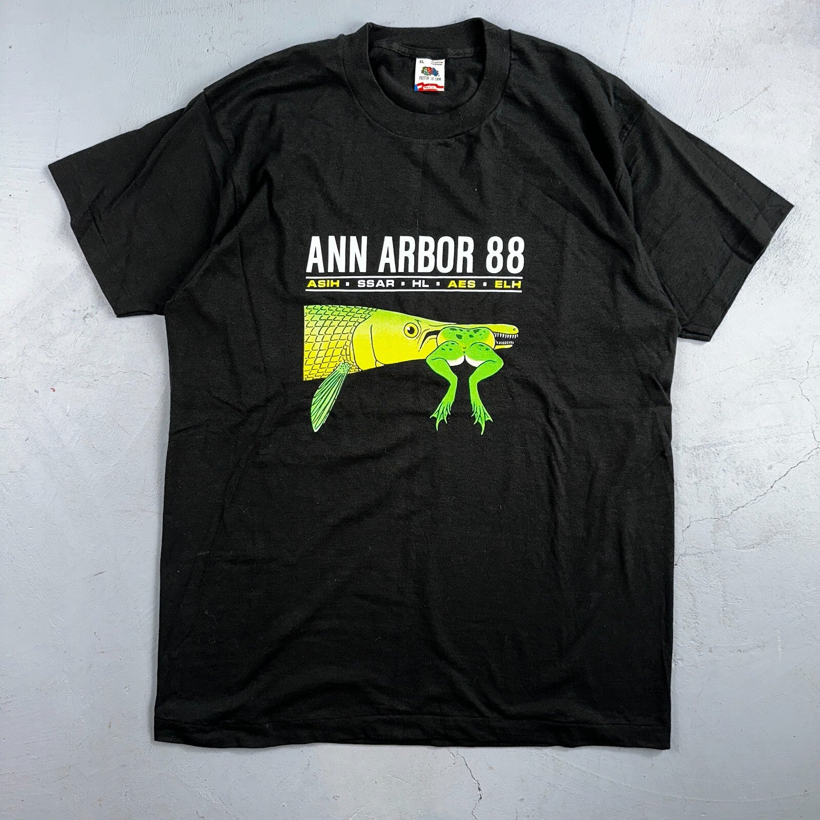 Ann Arbor Frog VTG T Shirt 80s 88 Funny Graphic Trout Fish Art Fishing Hunt XL