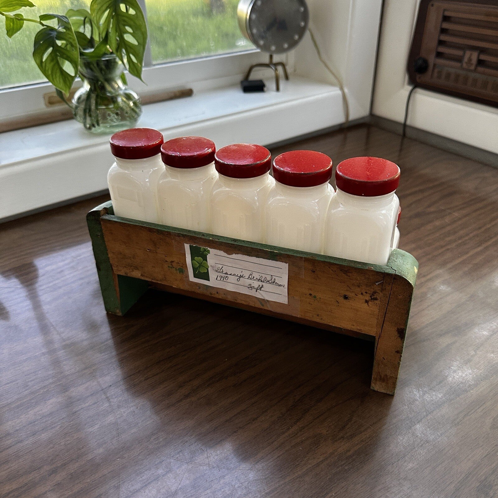 Griffith Milk Glass Spice Jar Set with Wooden Rack USA 1930s Art Deco 12 Pc