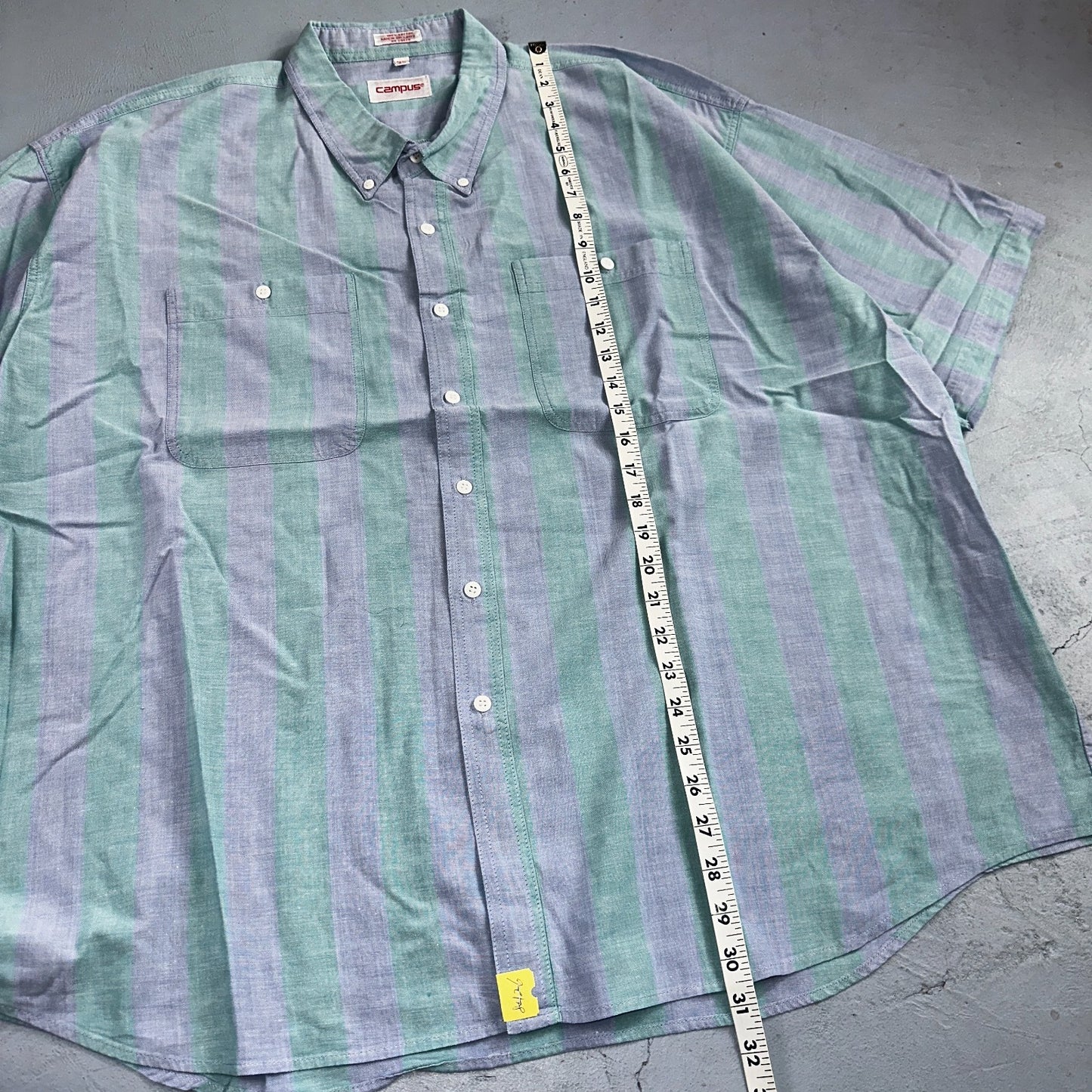 VTG 80s Campus Blue Green Boxy 3XL Short Sleeve Button Up Shirt Preppy Striped