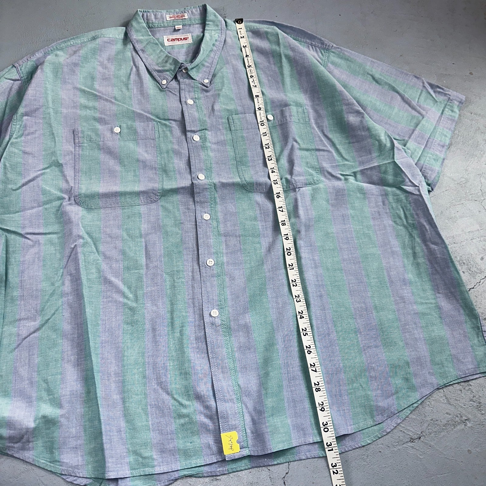 VTG 80s Campus Blue Green Boxy 3XL Short Sleeve Button Up Shirt Preppy Striped