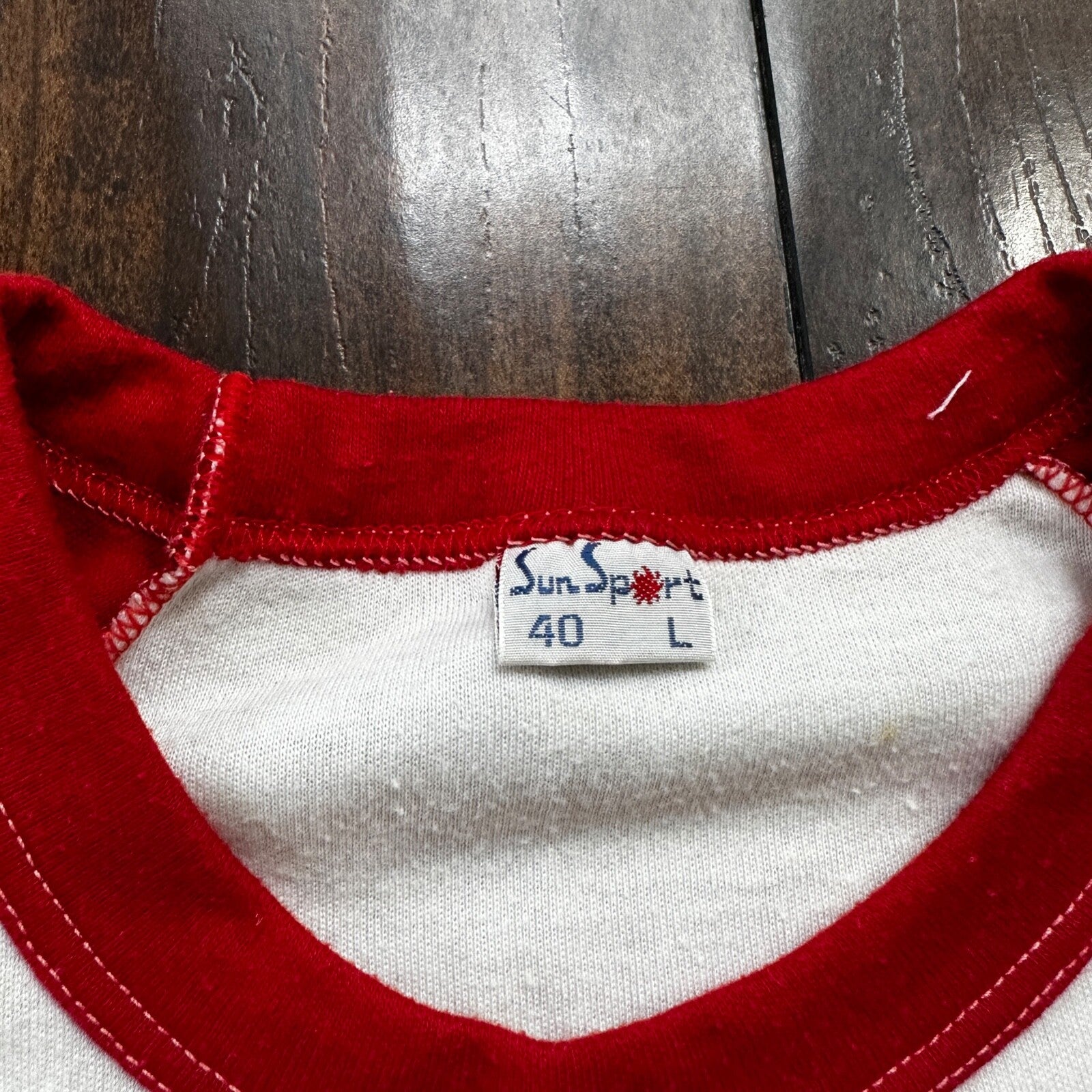 1980s Raglan Fish Vintage T Shirt 80s Red White Sports Travel USA Sun Hippie