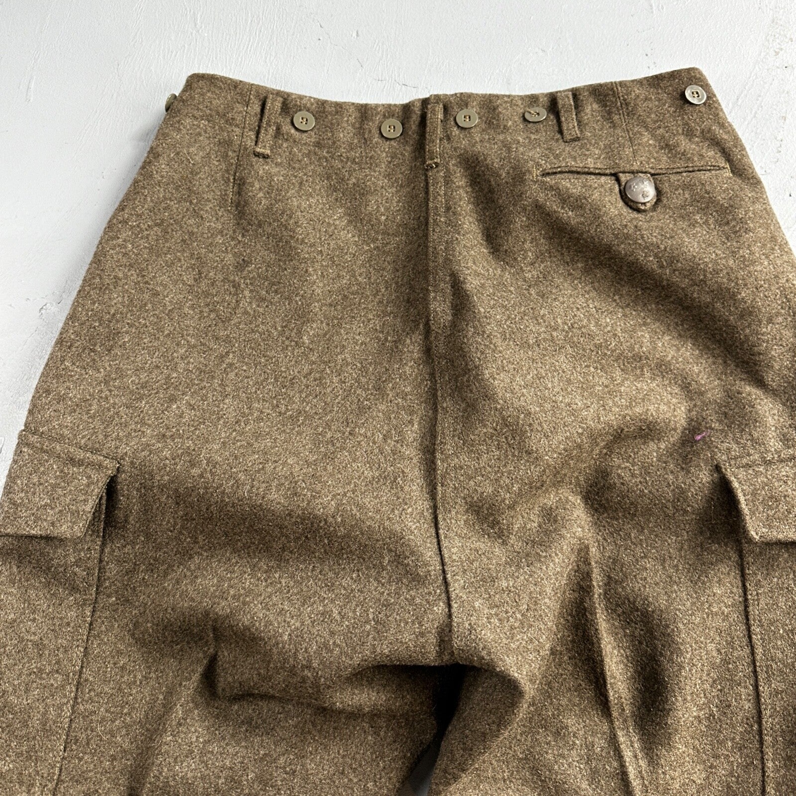 Vintage 1960s Swedish Army Wool Cargo Heavy Pants WWII Leather Straps 34x31