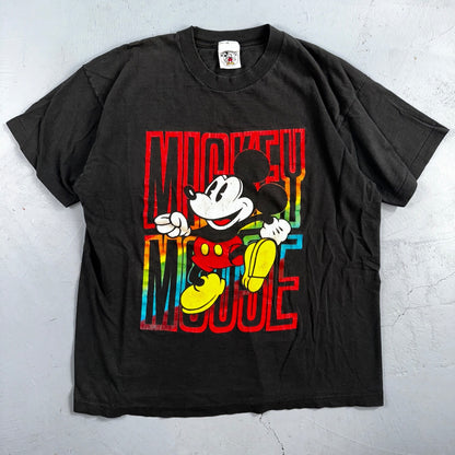 Mickey Mouse Disney VTG 90s Rainbow Neon Big Print Single Stitch T-Shirt Size XL