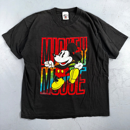 Mickey Mouse Disney VTG 90s Rainbow Neon Big Print Single Stitch T-Shirt Size XL