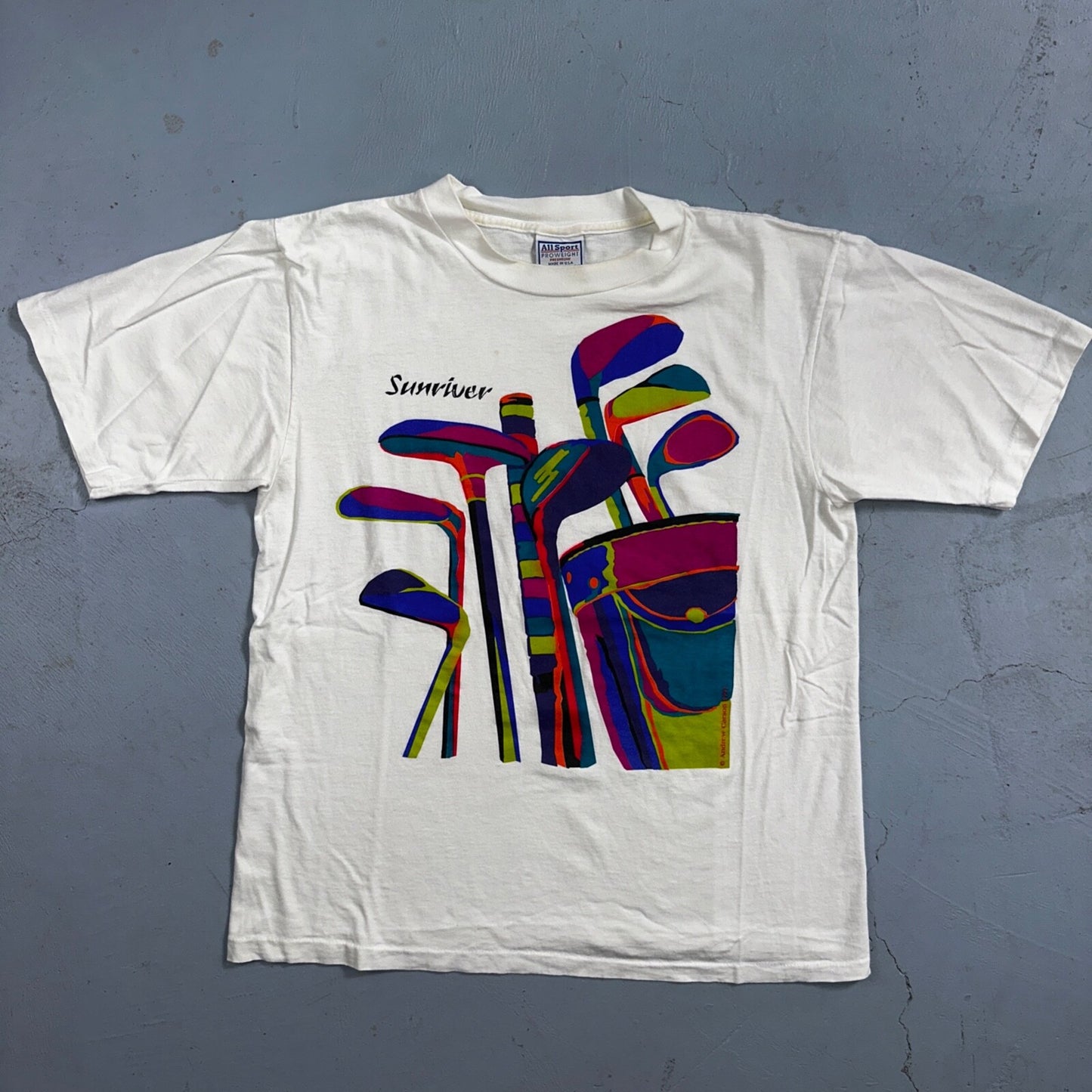 Sunriver Golf Clubs 90s USA VTG T Shirt Colorful Art Picture Graphic Mens Game