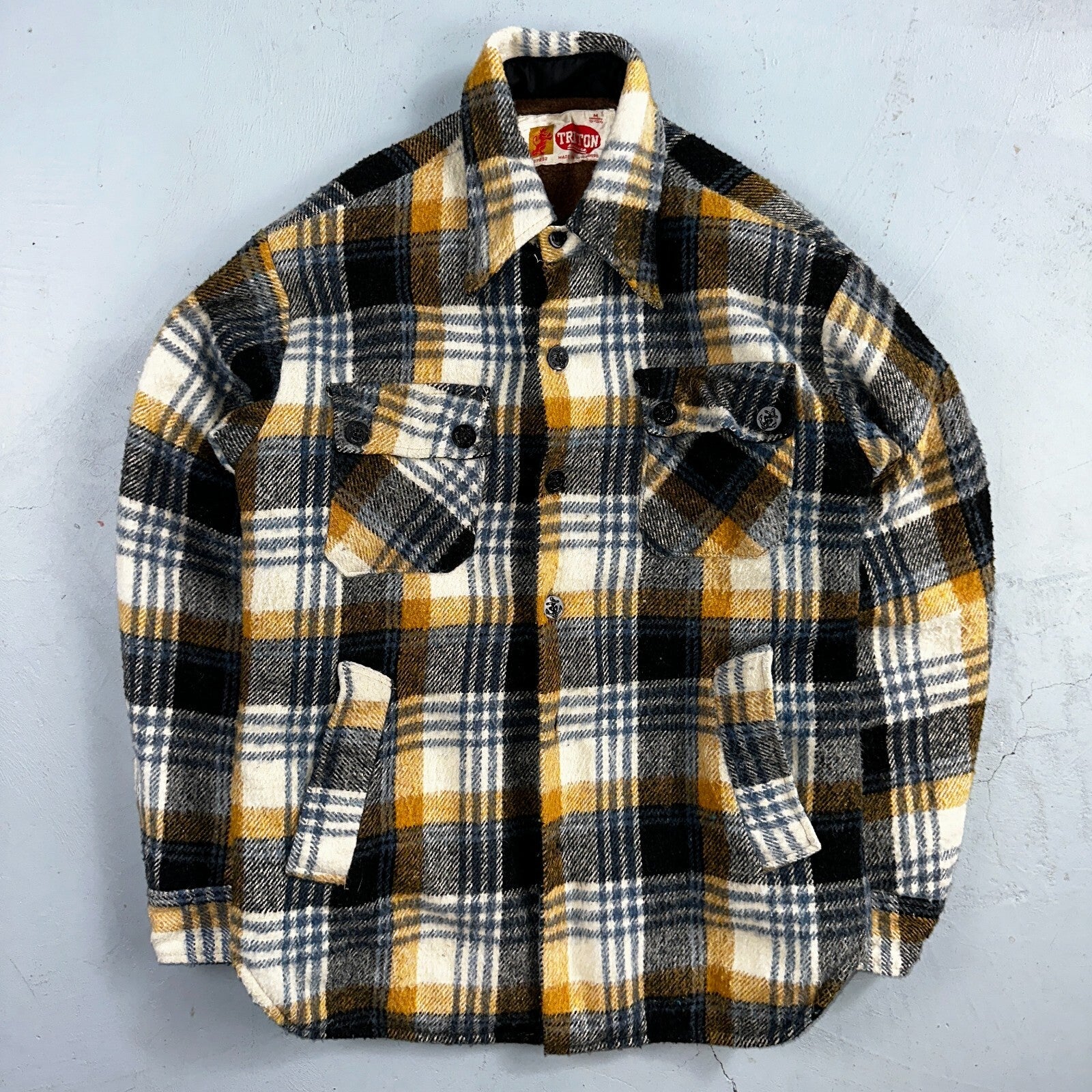 Vintage Triton 70s Sportswear Mens Black Plaid Wool Tartan Work Jacket Navy USN