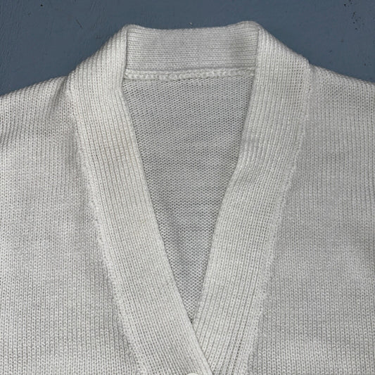 Vintage 1970s 70s White Basic Cardigan MCM Rockabilly Simple Acrylic 80s Preppy