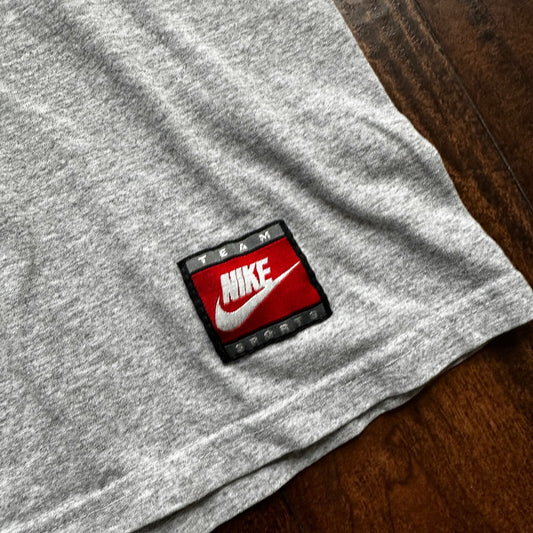 Nike Trashed Center Swoosh Vintage T Shirt 90s Basic Grey Gym Rat Stained