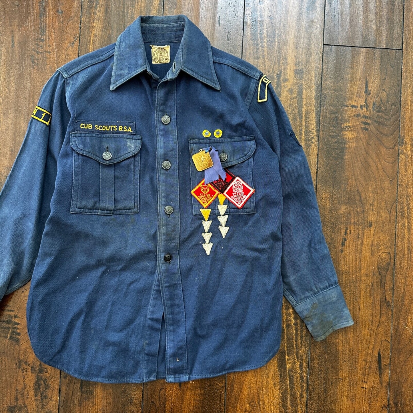 Vintage 60s BSA Boy Scouts Cub Shirt Blue Button Up Uniform Flawed Pins