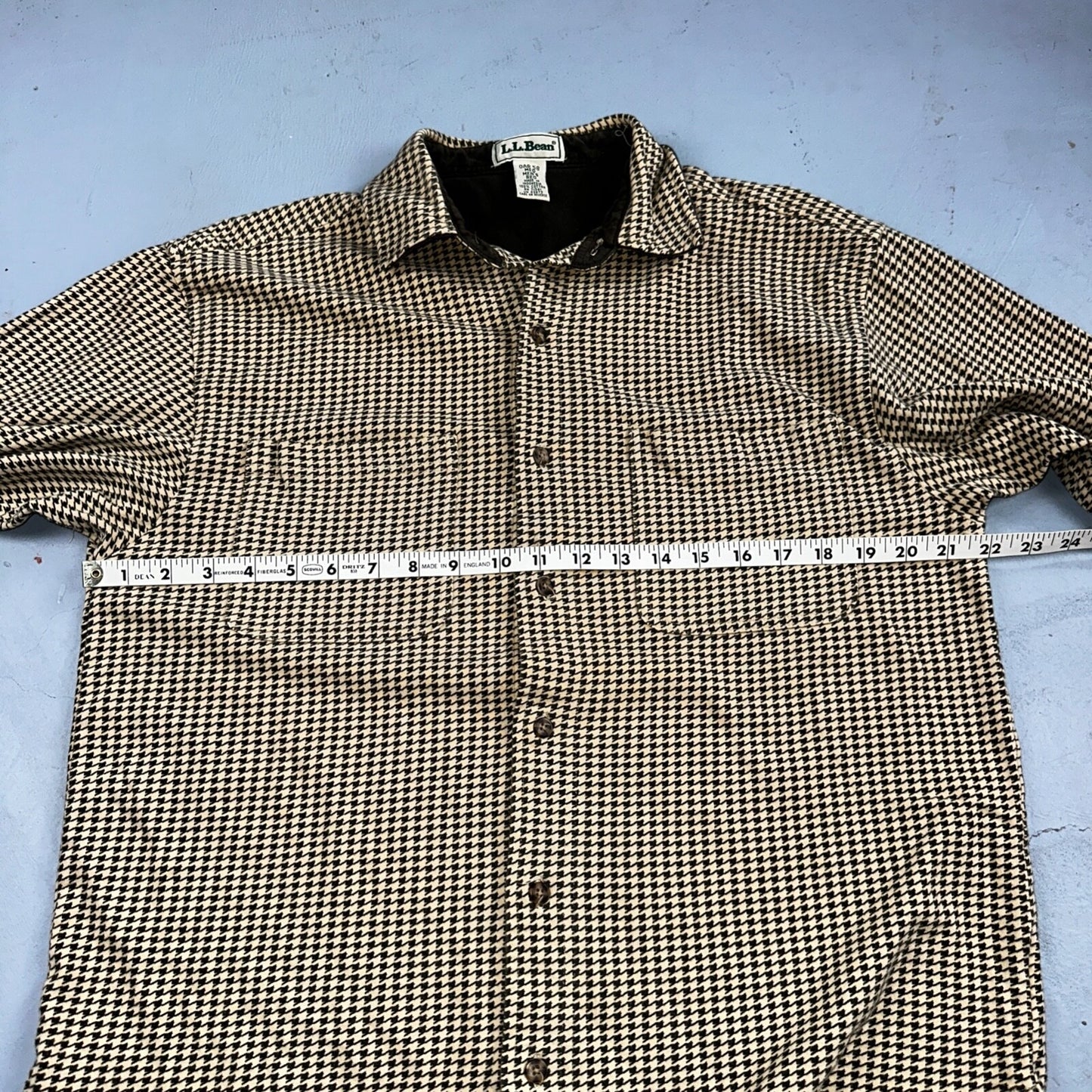 LL Bean VTG SOFT Flannel Shirt Size M Mens Cream Houndstooth Long Sleeve Button