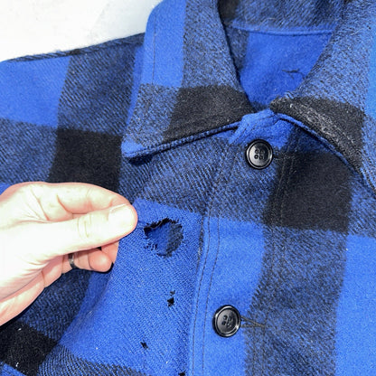 Filson CC Wool Mackinaw Cruiser Jacket Blue Plaid L Distressed VTG USA
