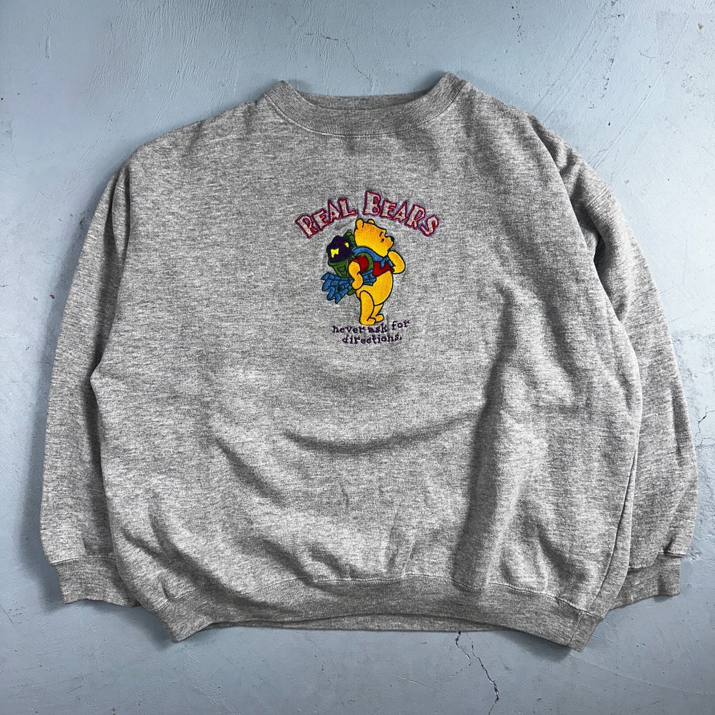 Pooh VTG Real Bears Never Ask Crew Neck Sweatshirt XL Embroidered Grey 90s