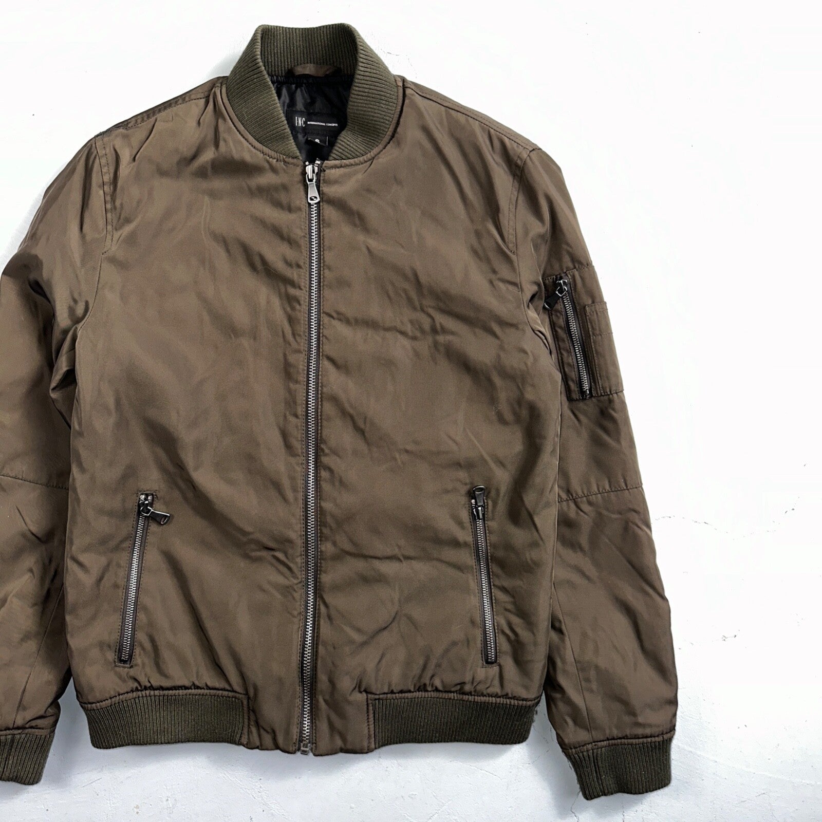 INC International Concepts Brown Bomber Jacket Mens S Full Zip Metallic