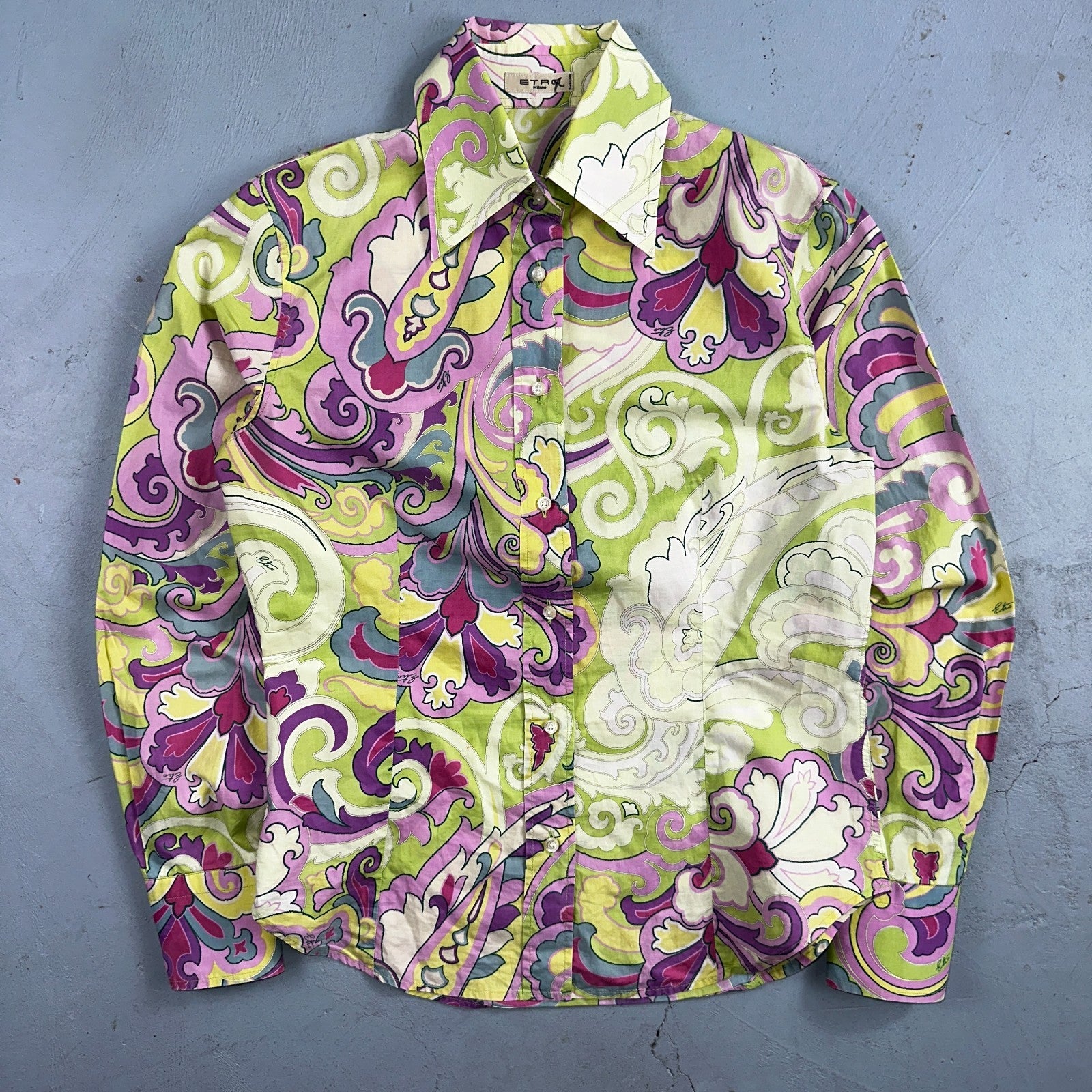 Etro Milano Vintage 70s Psychedelic Paisley Shirt Italy Cotton 44 Bold Print W