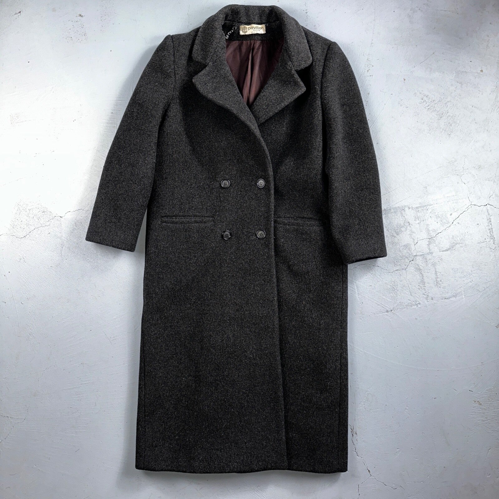 VTG Pavilion Petite Gray Coat  Womens  Double Breasted Long Trench Overcoat Sz L