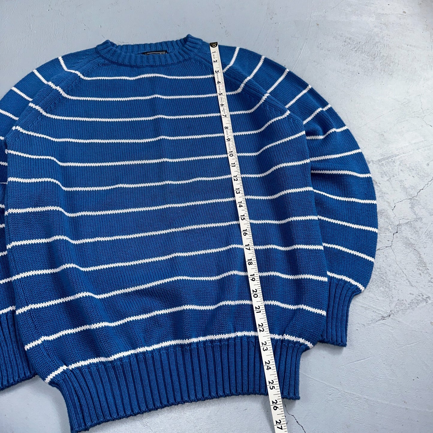 Vintage Preswick & Moore Cotton Blue Knit Crewneck Sweater Striped Chic