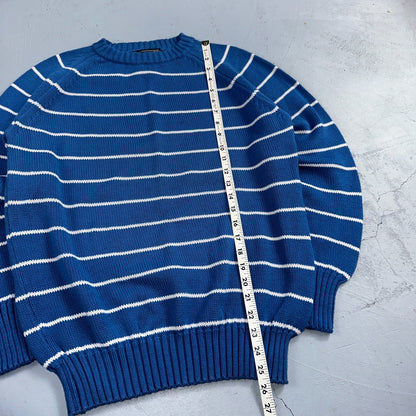 Vintage Preswick & Moore Cotton Blue Knit Crewneck Sweater Striped Chic