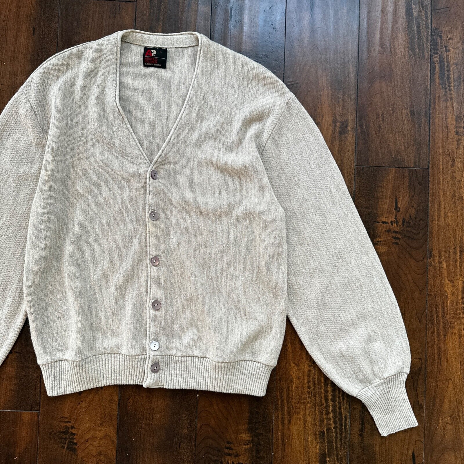 VTG 60s Arnold Palmer Beige 100% Wool Cardigan Sweater Cobain L 70s 1970s