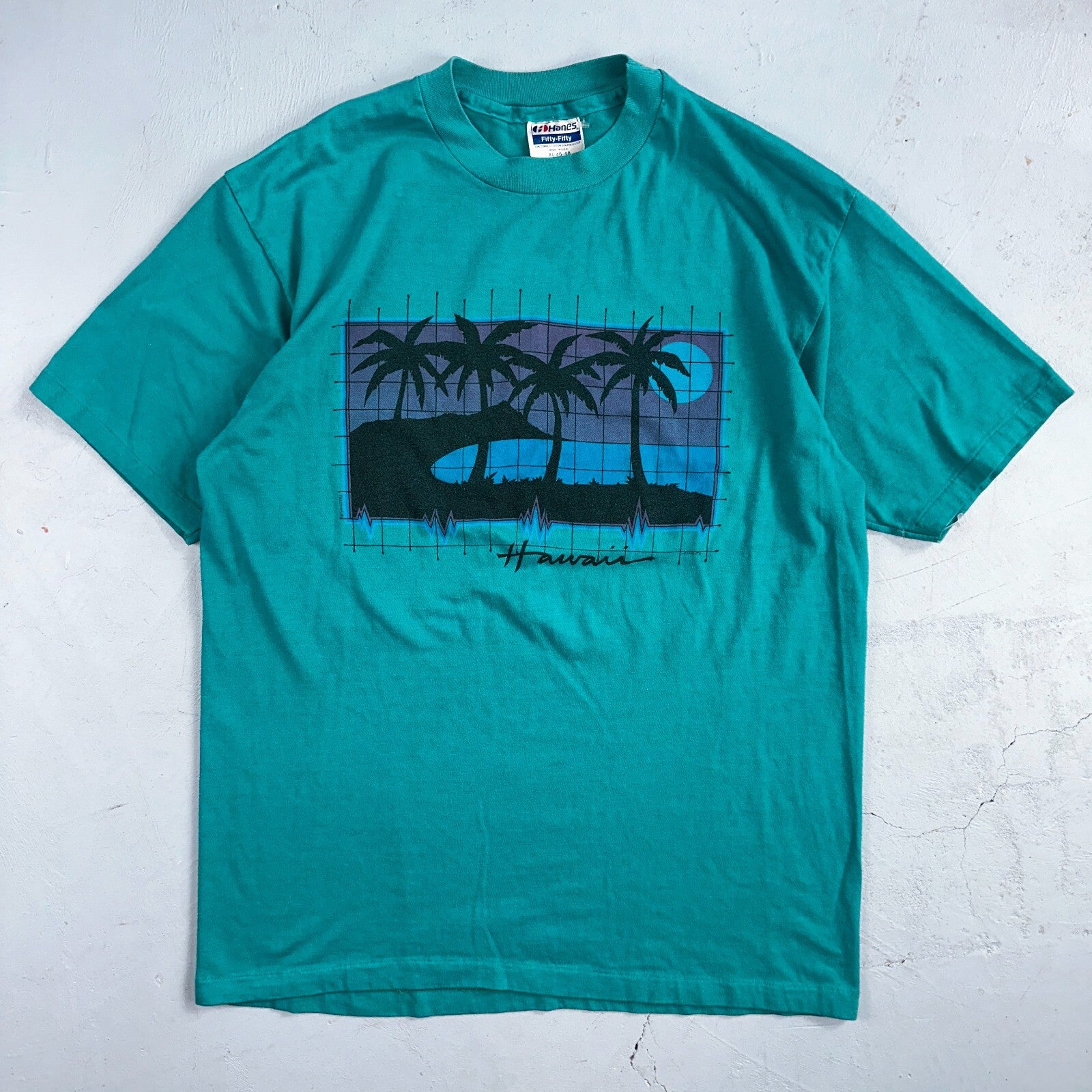 Hawaii Graphic Grid 80s Hanes VTG T Shirt 1980s Single Stitch Palm Trees Tropic