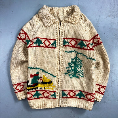 VTG 1950’s Cowichan Wool Full Zip Up Hand Knit Sweater Winter Sled Novelty Talon