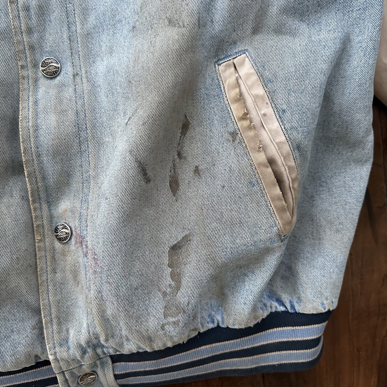 Vintage Oregon 90s Denim Varsity Jacket Bomber Salem Auto NASCAR Racing Thrashed