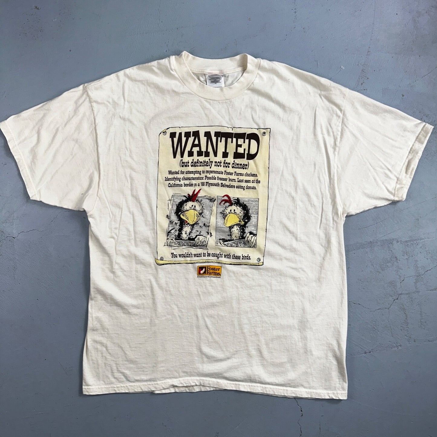 Foster Farms Wanted Chicken VTG T Shirt Funny Y2K 2XL Beige Boho Graphic Fun