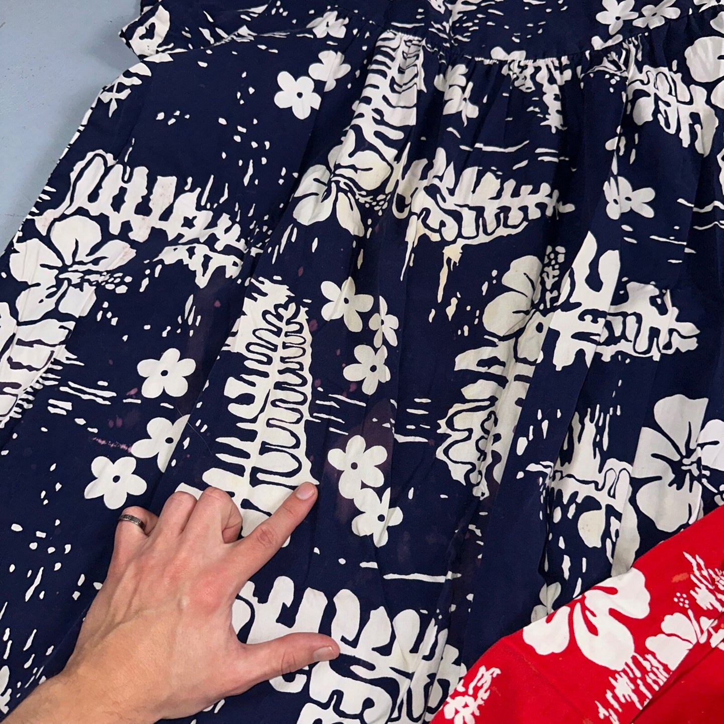 Vintage 60's Ui-Maikai Barkcloth Red and Blue Hawaiian Dress Lot Needs Repairs