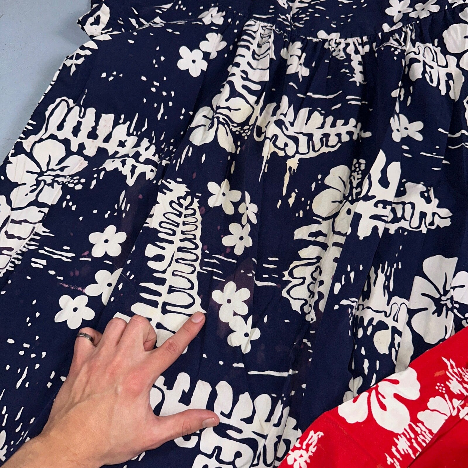 Vintage 60's Ui-Maikai Barkcloth Red and Blue Hawaiian Dress Lot Needs Repairs