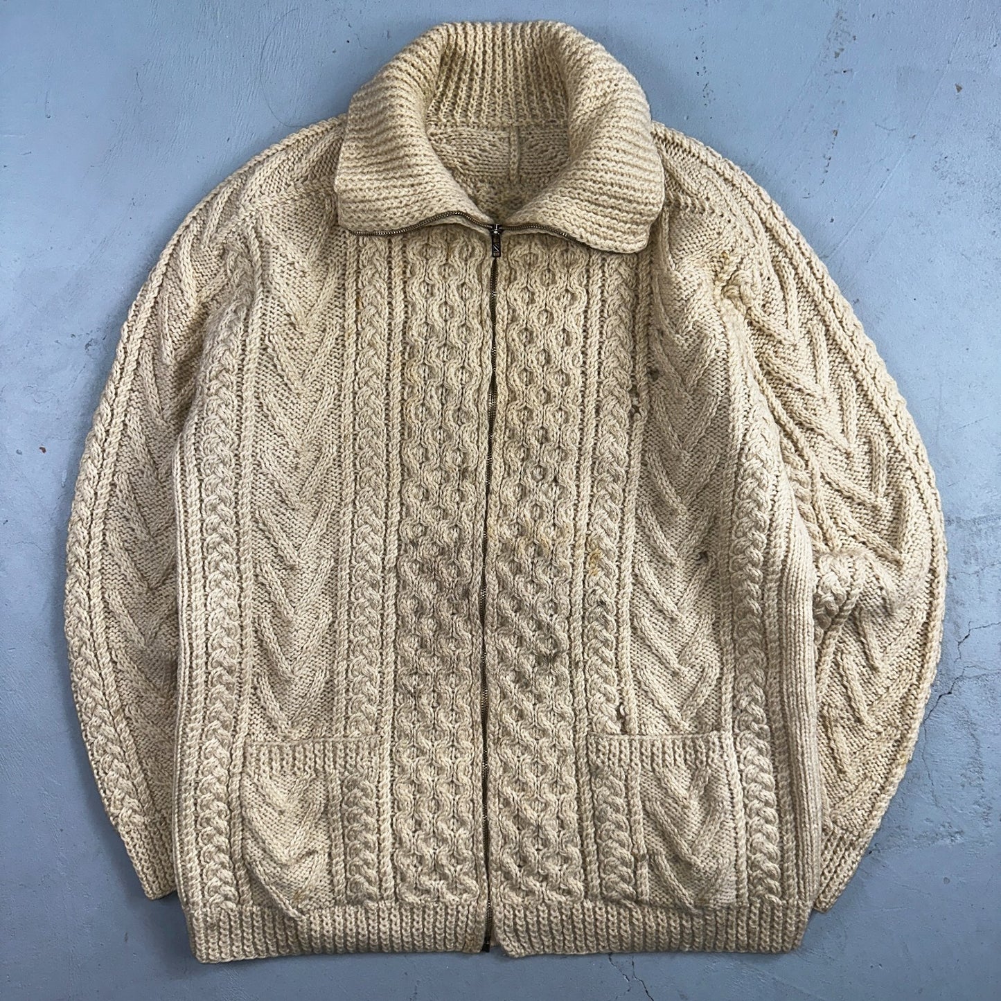 VTG Sweater Mens M Cream Cable Knit Ribbed Full Zip 1960s Rockabilly Ivory Rare
