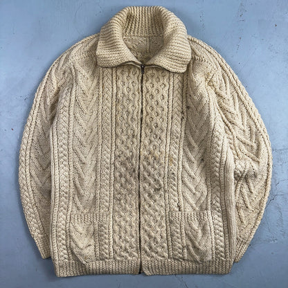 VTG Sweater Mens M Cream Cable Knit Ribbed Full Zip 1960s Rockabilly Ivory Rare