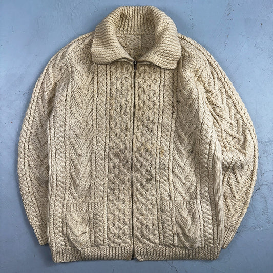 VTG Sweater Mens M Cream Cable Knit Ribbed Full Zip 1960s Rockabilly Ivory Rare