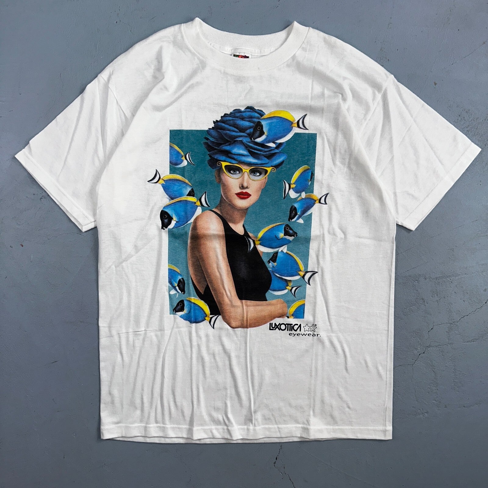 Luxottica Art Eyeglasses 90s VTG T Shirt Glasses White FOTL Fish Graphic Hipster