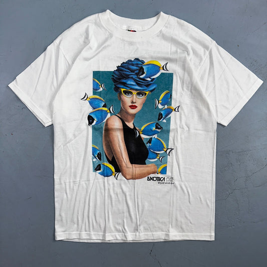 Luxottica Art Eyeglasses 90s VTG T Shirt Glasses White FOTL Fish Graphic Hipster