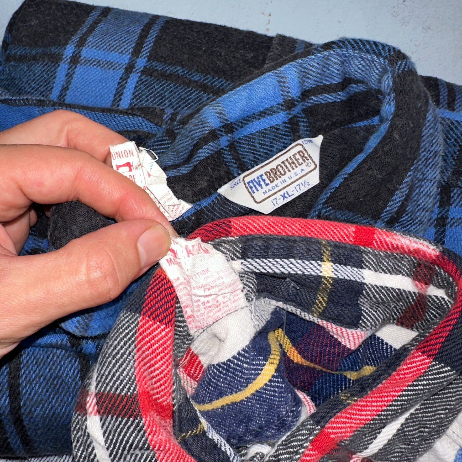 Vintage Five Brother Shirt Mens L Plaid Flannel Made in Black Red 1970s 70s