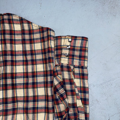 VTG Lee Men's Pearl Snap Extra Long Tails Western Shirt Red Plaid USA Medium 70s