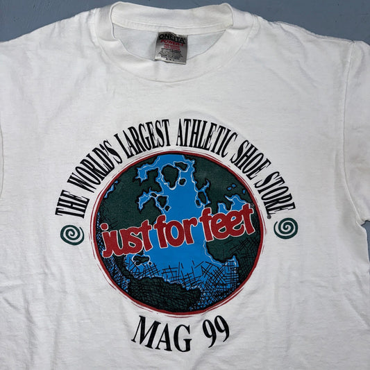 Oneita Just For Feet 1999 VTG T Shirt 90s Promo Evian Sponsors Graphic Lennox