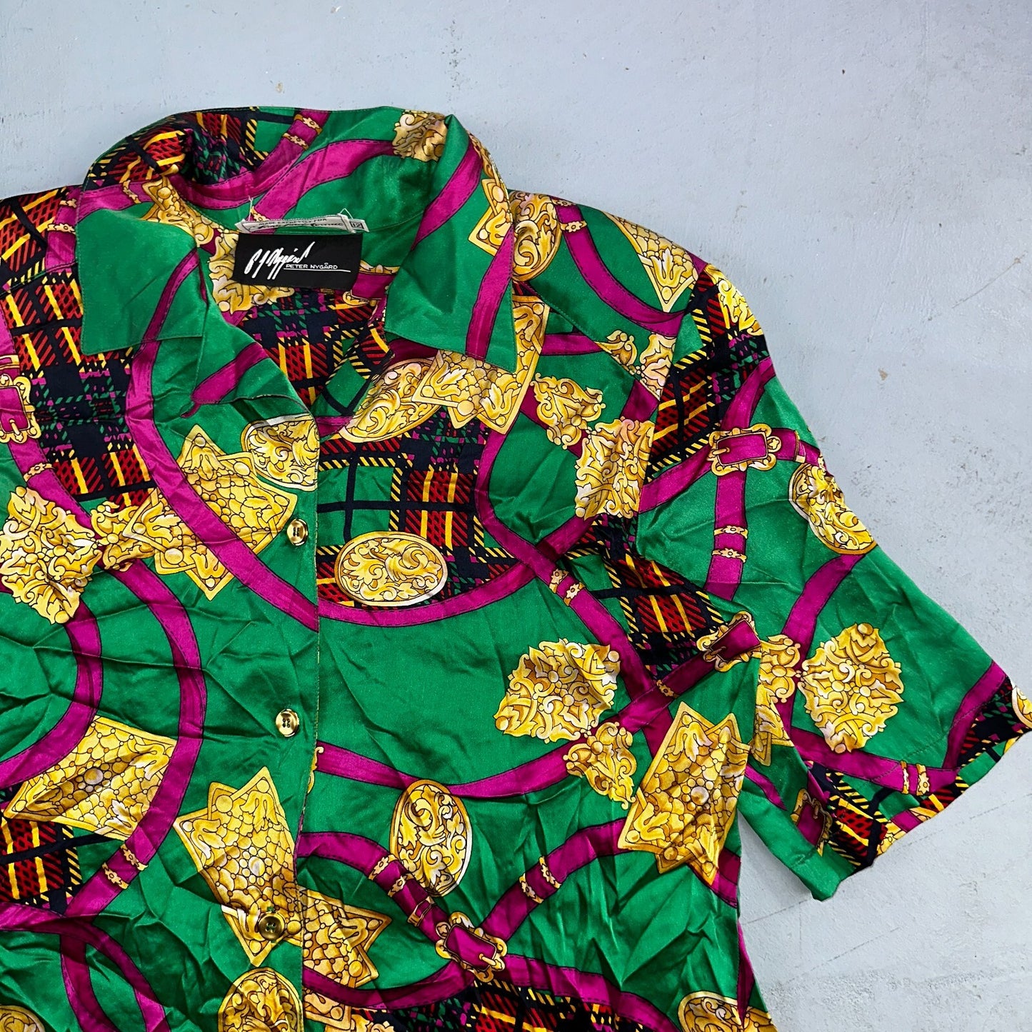 Peter Nygard Shirt Womens 12 Gold Green Silk Abstract VTG 80s Saks Fifth Avenue