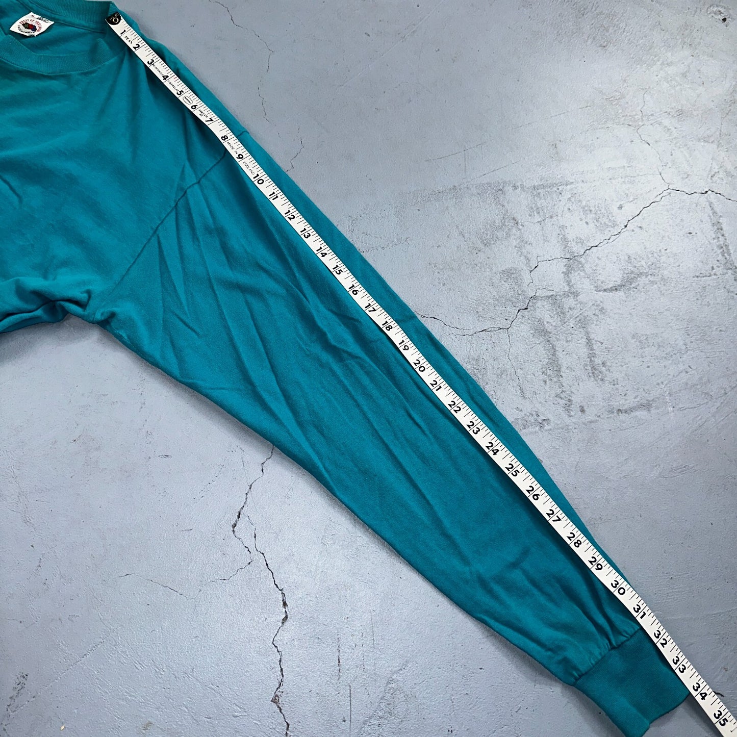 Fruit Of The Loom 90s USA XL VTG T Shirt Teal Blue Long Sleeve Blank Thrashed